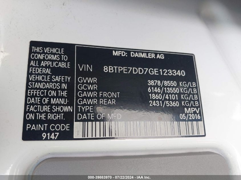 2016 Mercedes-Benz Sprinter 2500 Normal Roof VIN: 8BTPE7DD7GE123340 Lot: 39883970