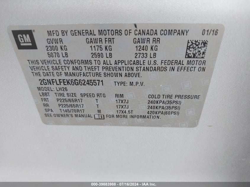 2016 CHEVROLET EQUINOX LT - 2GNFLFEK6G6245571