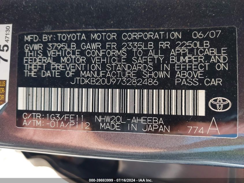 2007 Toyota Prius VIN: JTDKB20U973282486 Lot: 39883999