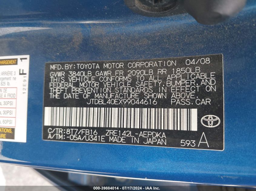 2009 Toyota Corolla Le VIN: JTDBL40EX99044616 Lot: 39884014