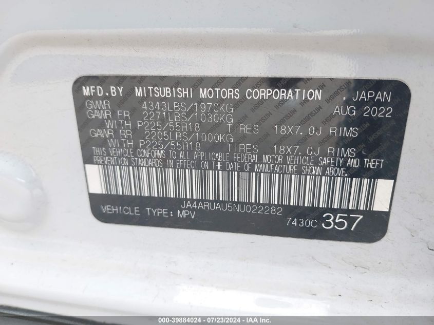 2022 Mitsubishi Outlander Sport 2.0 Be Awc/2.0 Es Awc/2.0 Le Awc/2.0 Se Awc/2.0 Se Special Edition Awc VIN: JA4ARUAU5NU022282 Lot: 39884024