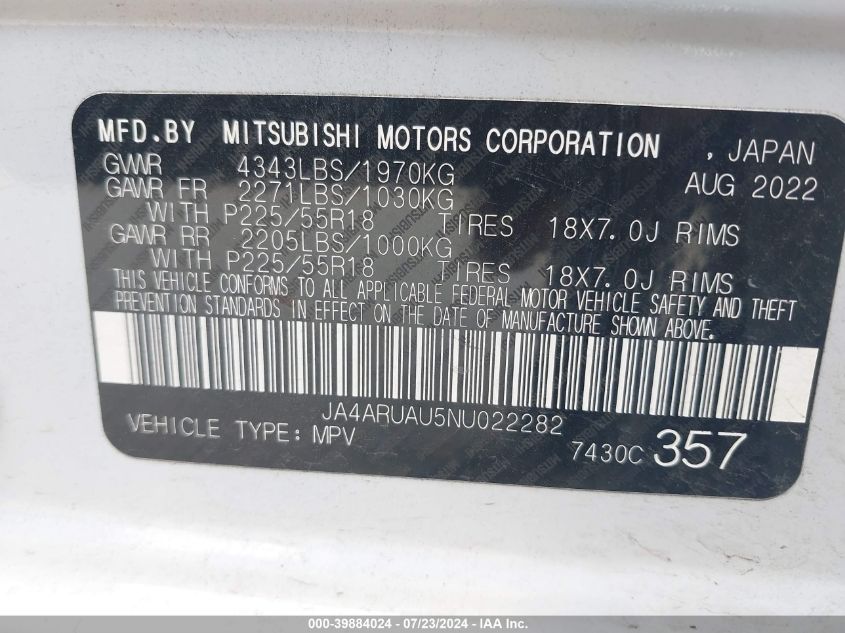 2022 Mitsubishi Outlander Sport 2.0 Be Awc/2.0 Es Awc/2.0 Le Awc/2.0 Se Awc/2.0 Se Special Edition Awc VIN: JA4ARUAU5NU022282 Lot: 39884024