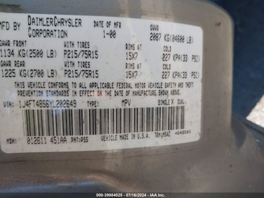 2000 Jeep Cherokee Sport VIN: 1J4FT48S6YL202649 Lot: 39884025