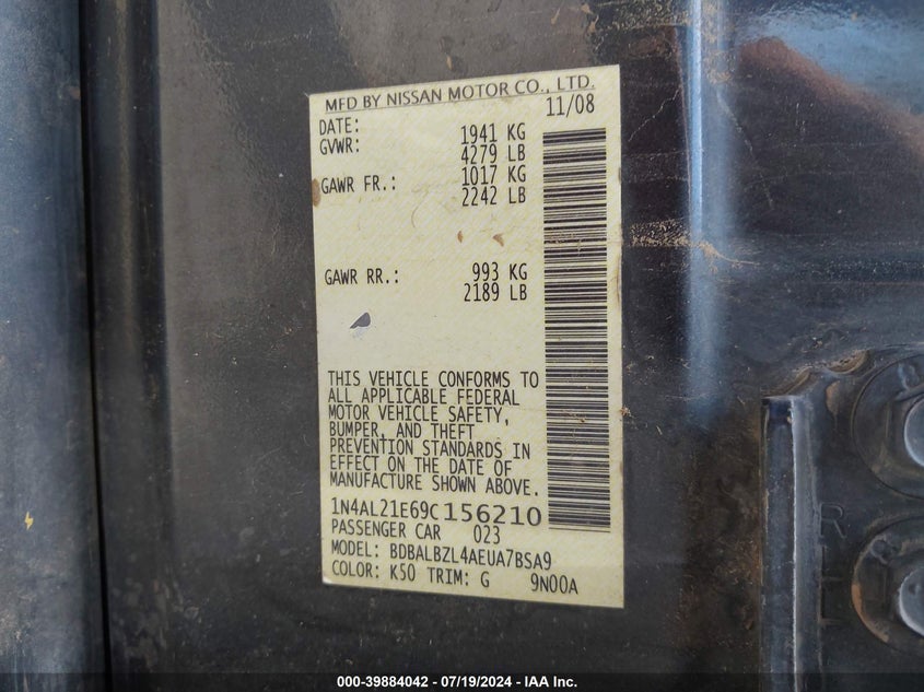 2009 Nissan Altima 2.5 S VIN: 1N4AL21E69C156210 Lot: 39884042