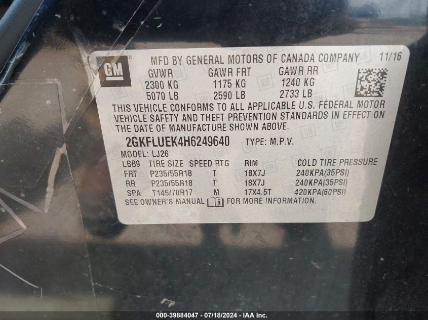 2017 GMC Terrain Slt VIN: 2GKFLUEK4H6249640 Lot: 39884047