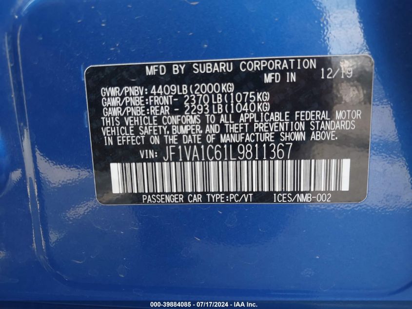 2020 Subaru Wrx Premium VIN: JF1VA1C61L9811367 Lot: 39884085