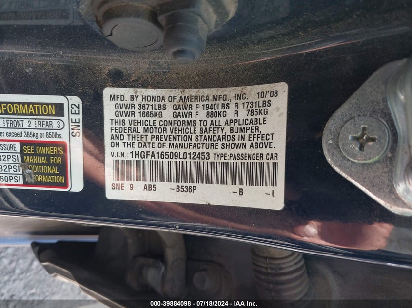 2009 Honda Civic Lx VIN: 1HGFA16509L012453 Lot: 39884098