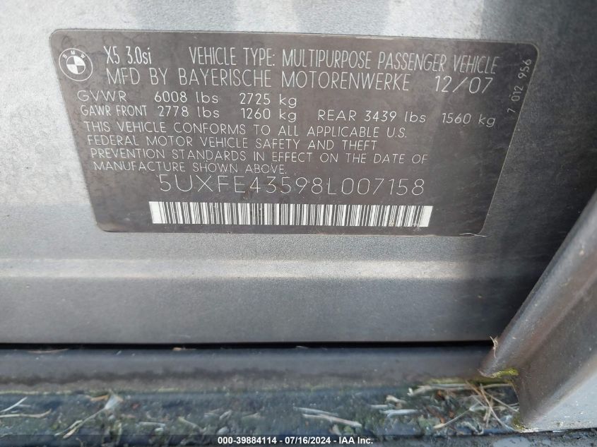 2008 BMW X5 3.0Si VIN: 5UXFE43598L007158 Lot: 39884114