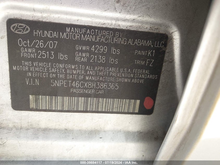 2008 Hyundai Sonata Gls VIN: 5NPET46CX8H386365 Lot: 39884117