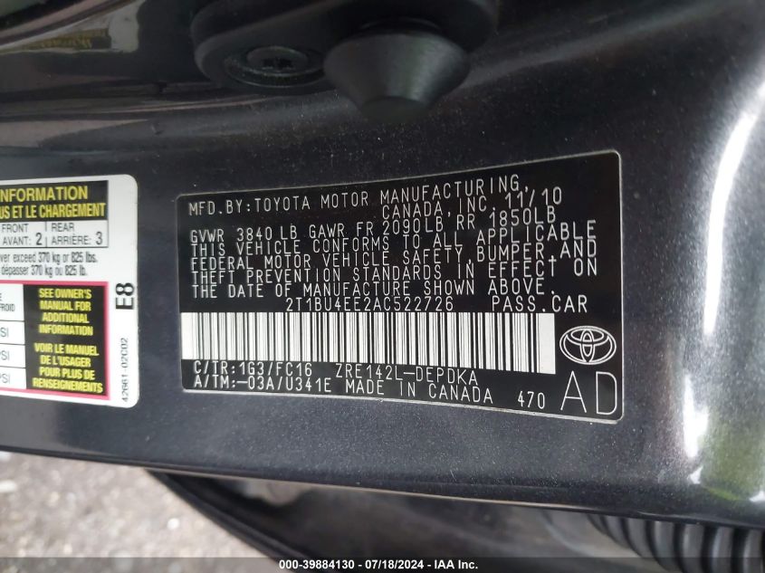 2010 Toyota Corolla Le VIN: 2T1BU4EE2AC522726 Lot: 39884130