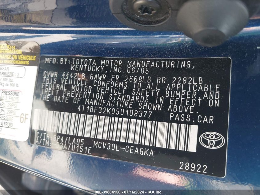 2005 Toyota Camry Xle V6 VIN: 4T1BF32K05U108377 Lot: 39884150