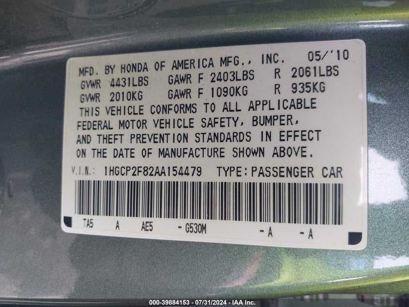 2010 Honda Accord 2.4 Ex-L VIN: 1HGCP2F82AA154479 Lot: 39884153