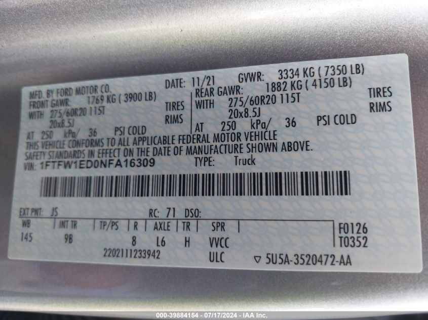 2022 Ford F-150 Platinum VIN: 1FTFW1ED0NFA16309 Lot: 39884154