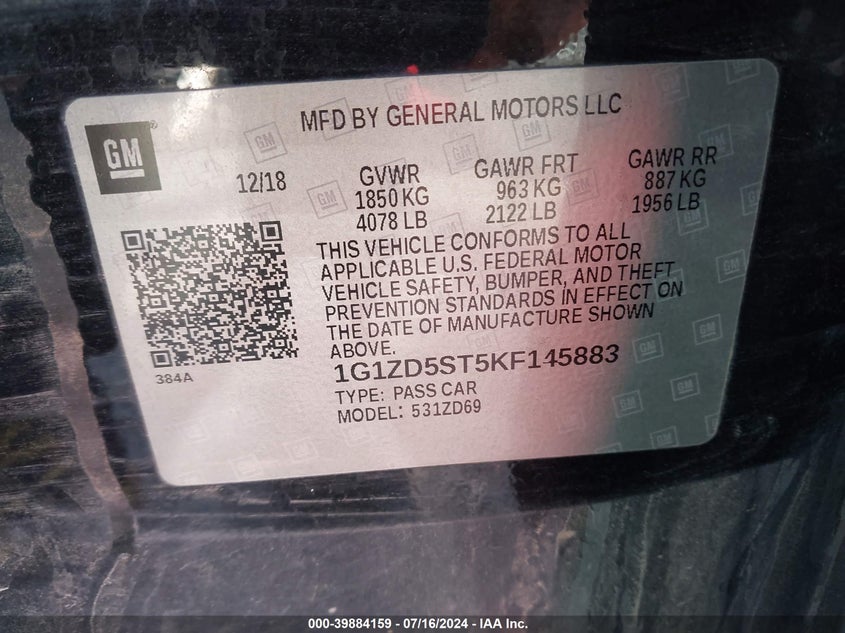 2019 Chevrolet Malibu Lt VIN: 1G1ZD5ST5KF145883 Lot: 39884159