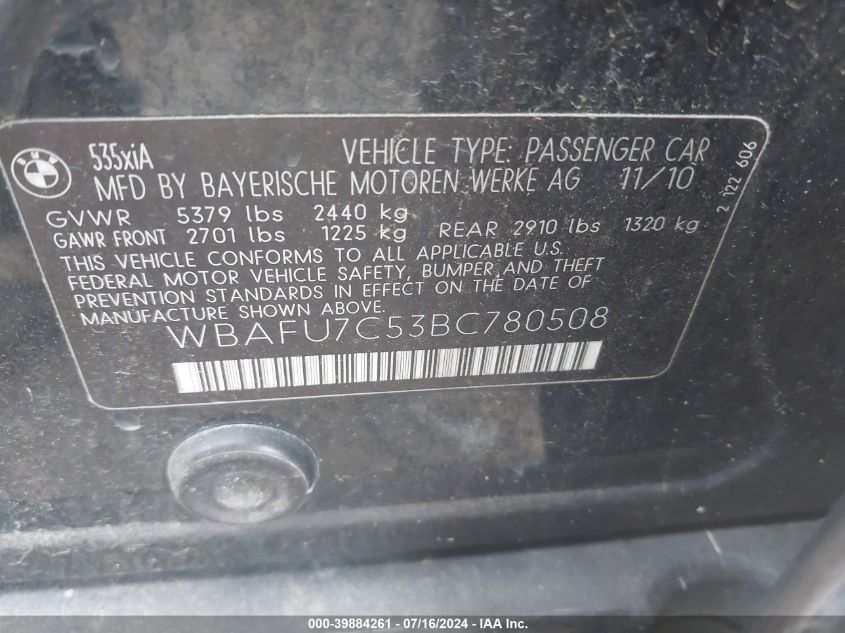 2011 BMW 535I xDrive VIN: WBAFU7C53BC780508 Lot: 39884261