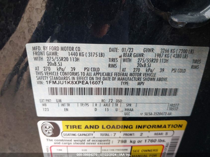 2023 Ford Expedition Limited VIN: 1FMJU1K8XPEA16071 Lot: 39884270