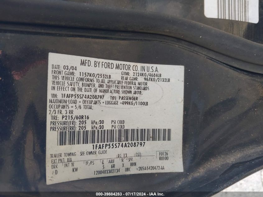 2004 Ford Taurus Ses VIN: 1FAFP55S74A208797 Lot: 39884283