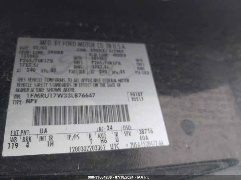 2003 Ford Expedition Eddie Bauer VIN: 1FMRU17W33LB76647 Lot: 39884286