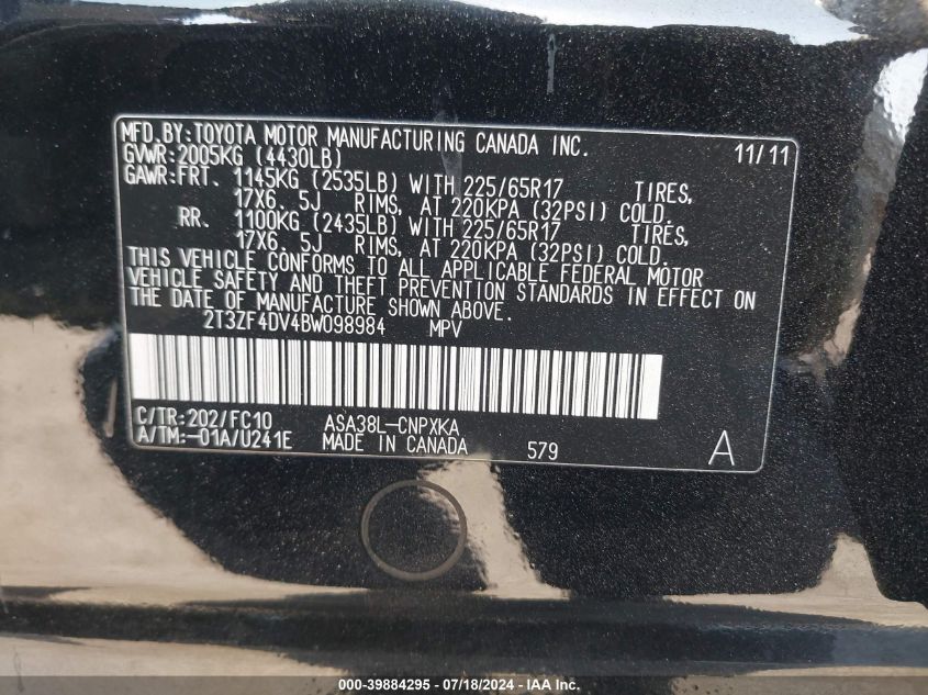 2011 Toyota Rav4 VIN: 2T3ZF4DV4BW098984 Lot: 39884295