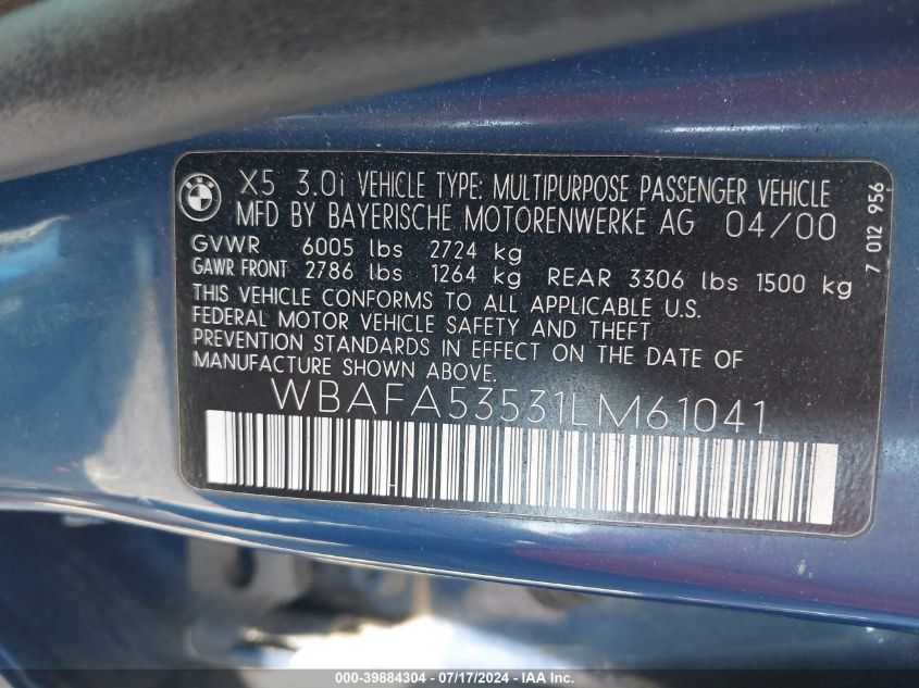 2001 BMW X5 3.0 VIN: WBAFA53531LM61041 Lot: 39884304