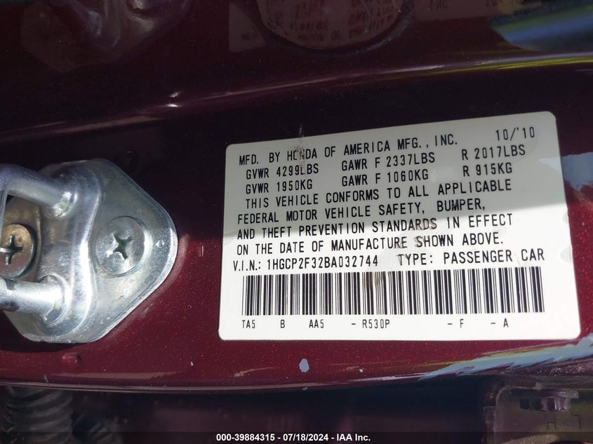2011 Honda Accord 2.4 Lx VIN: 1HGCP2F32BA032744 Lot: 39884315