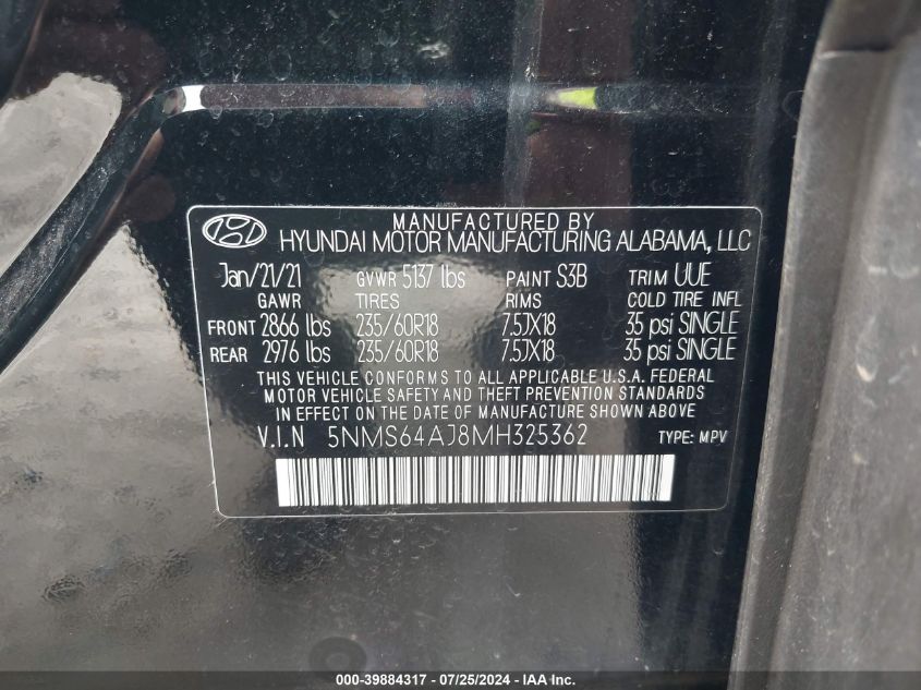 2021 Hyundai Santa Fe Sel VIN: 5NMS64AJ8MH325362 Lot: 39884317