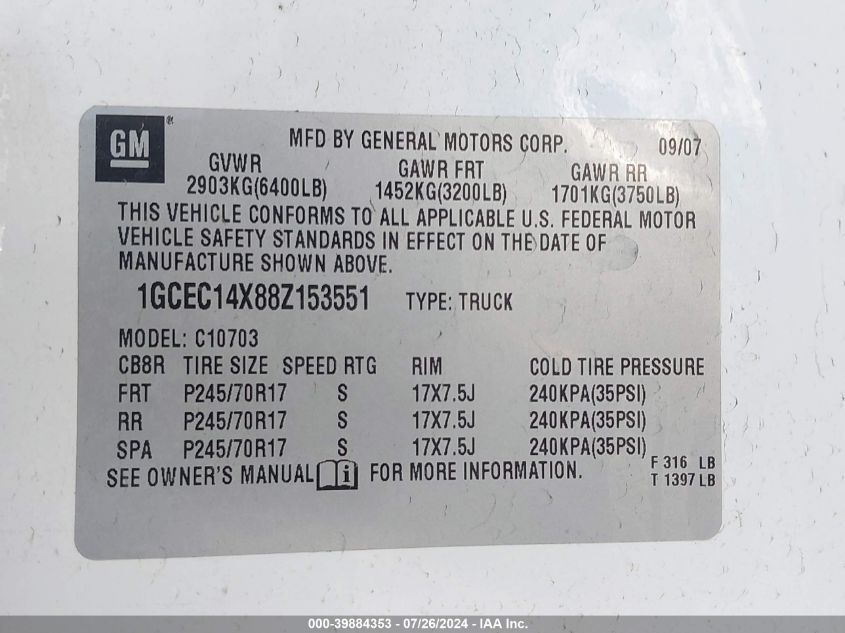 2008 Chevrolet Silverado 1500 Work Truck VIN: 1GCEC14X88Z153551 Lot: 39884353