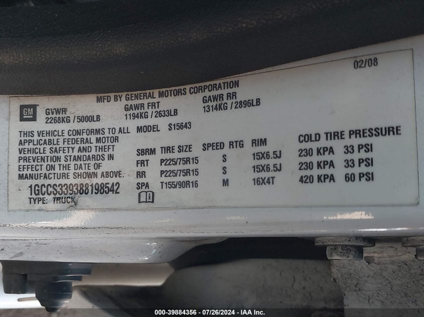 2008 Chevrolet Colorado Lt VIN: 1GCCS339388198542 Lot: 39884356