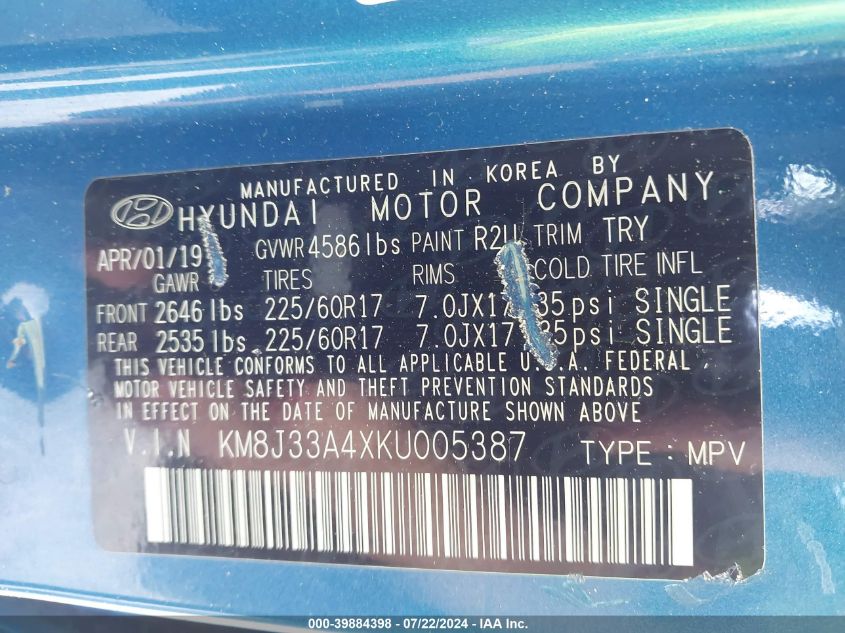 KM8J33A4XKU005387 2019 Hyundai Tucson Value