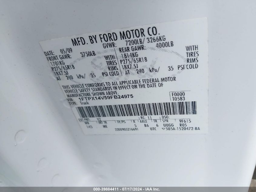 2009 Ford F-150 Fx4/Lariat/Xl/Xlt VIN: 1FTPX14V59FB24975 Lot: 39884411