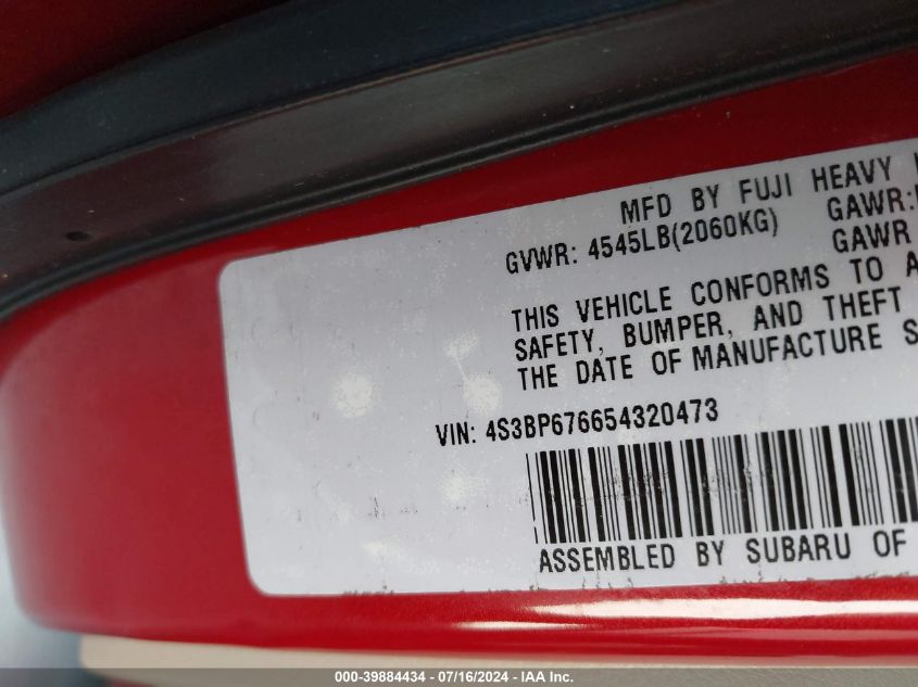 2005 Subaru Legacy 2.5Gt Limited VIN: 4S3BP676654320473 Lot: 39884434