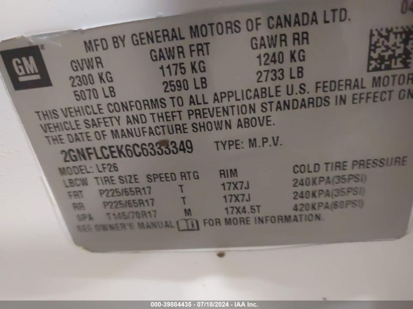 2012 Chevrolet Equinox Ls VIN: 2GNFLCEK6C6333349 Lot: 39884435