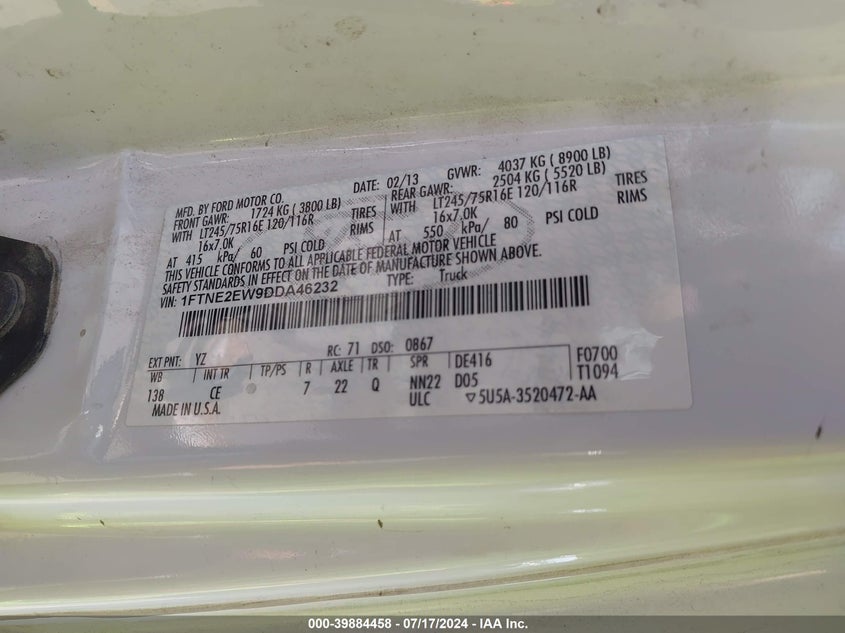 2013 Ford E-250 Commercial VIN: 1FTNE2EW9DDA46232 Lot: 39884458