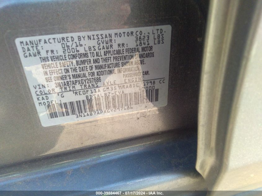 2016 Nissan Sentra S VIN: 3N1AB7APXGY297686 Lot: 39884467