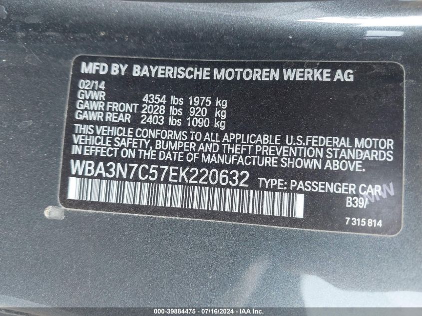 2014 BMW 428I VIN: WBA3N7C57EK220632 Lot: 39884475