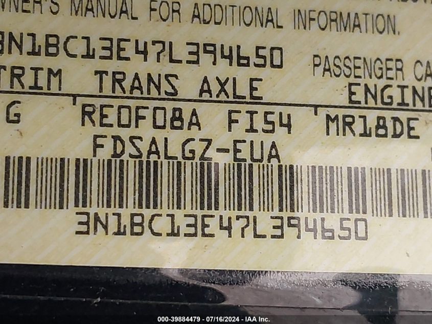 2007 Nissan Versa 1.8Sl VIN: 3N1BC13E47L394650 Lot: 39884479