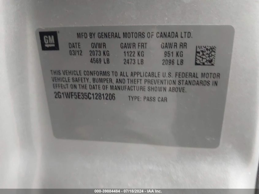 2012 Chevrolet Impala Ls VIN: 2G1WF5E35C1281206 Lot: 39884484