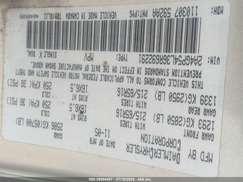 2006 Chrysler Town & Country Touring VIN: 2A4GP54L36R692291 Lot: 39884497