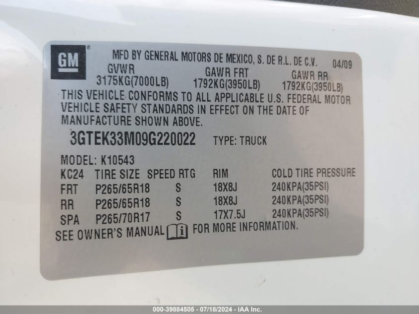 2009 GMC Sierra K1500 Slt VIN: 3GTEK33M09G220022 Lot: 39884505