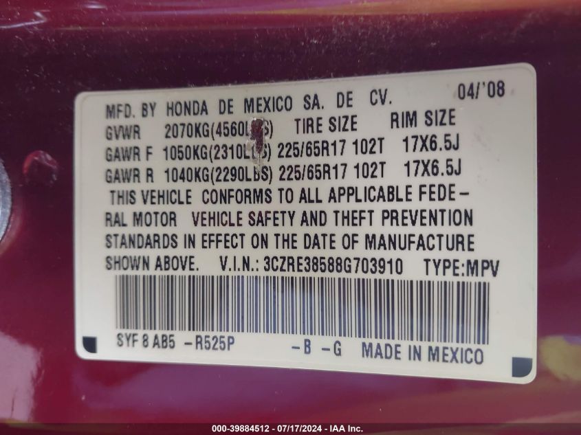 2008 Honda Cr-V Ex VIN: 3CZRE38588G703910 Lot: 39884512