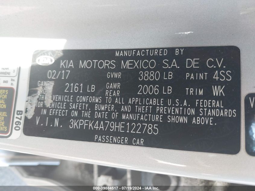 2017 Kia Forte Lx VIN: 3KPFK4A79HE122785 Lot: 39884517