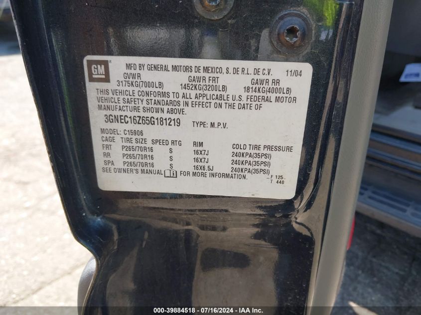 2005 Chevrolet Suburban 1500 Ls VIN: 3GNEC16Z65G181219 Lot: 39884518