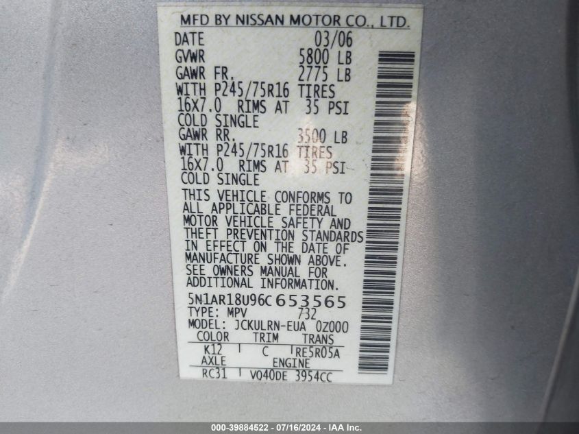 2006 Nissan Pathfinder Le/Se/Xe VIN: 5N1AR18U96C653565 Lot: 39884522