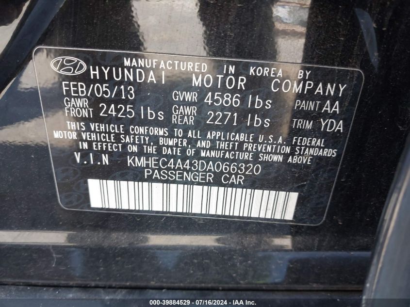 2013 Hyundai Sonata Hybrid VIN: KMHEC4A43DA066320 Lot: 39884529