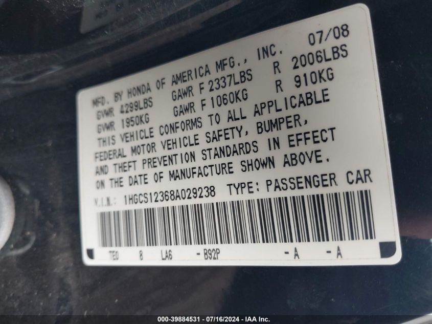 1HGCS12368A029238 | 2008 HONDA ACCORD