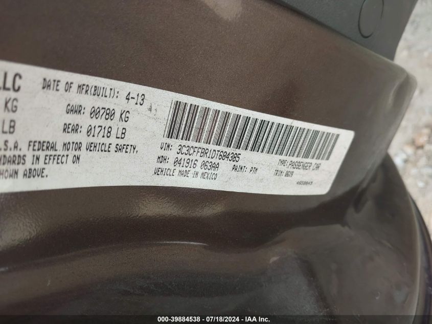 2013 Fiat 500 Sport VIN: 3C3CFFBR1DT684385 Lot: 39884538