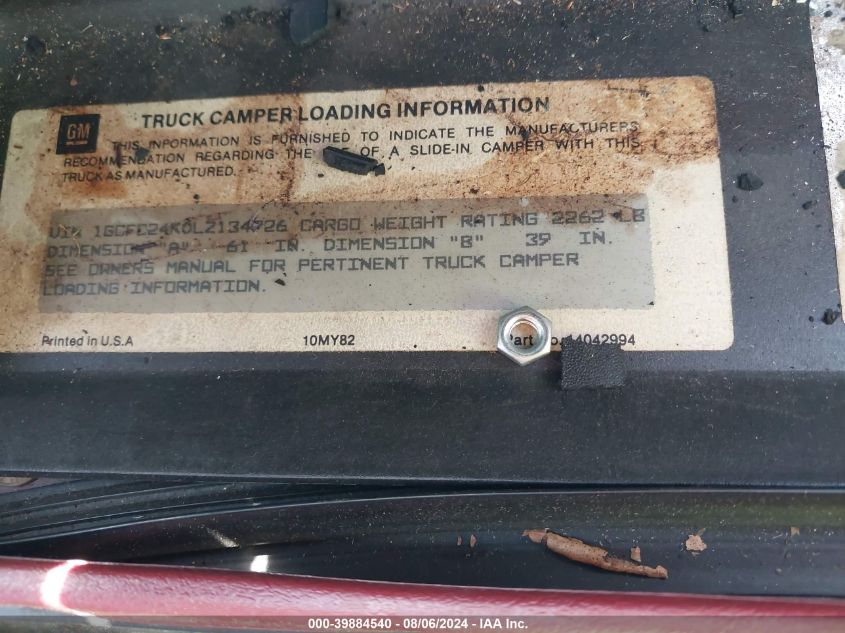 1990 Chevrolet Gmt-400 C2500 VIN: 1GCFC24K0LZ134726 Lot: 39884540