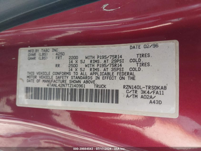 1996 Toyota Tacoma VIN: 4TANL42N7TZ140961 Lot: 39884543