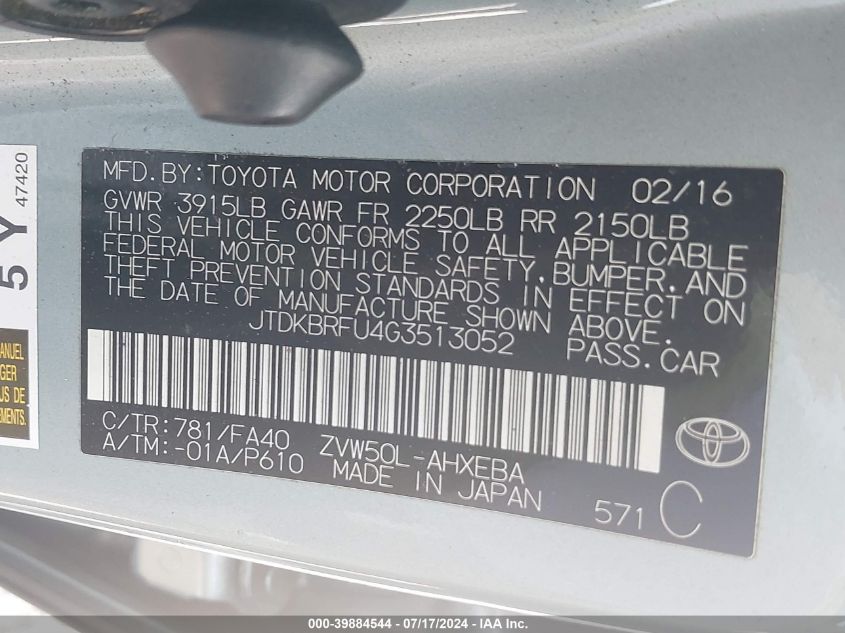 2016 Toyota Prius Two VIN: JTDKBRFU4G3513052 Lot: 39884544