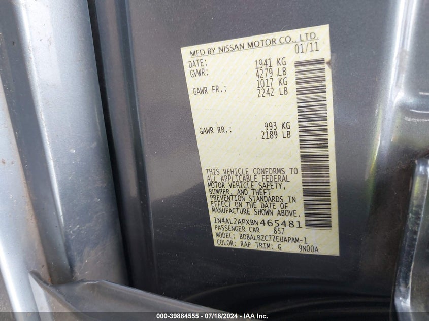 2011 Nissan Altima S VIN: 1N4AL2APXBN465481 Lot: 39884555